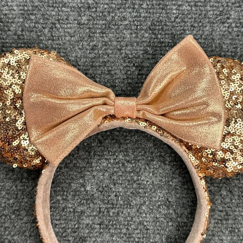 Disney Parks Minnie Mouse Ears Sequin Rose Gold Pink Bow Headband Metallic